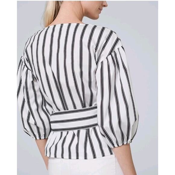 White House Black Market White Black Striped Poplin Wrap Top Blouse XXS Nwt - Picture 6 of 8